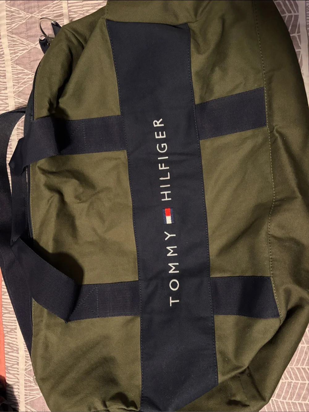 Tommy Hilfiger Olive and Navy Cross-Panel Duffel Bag